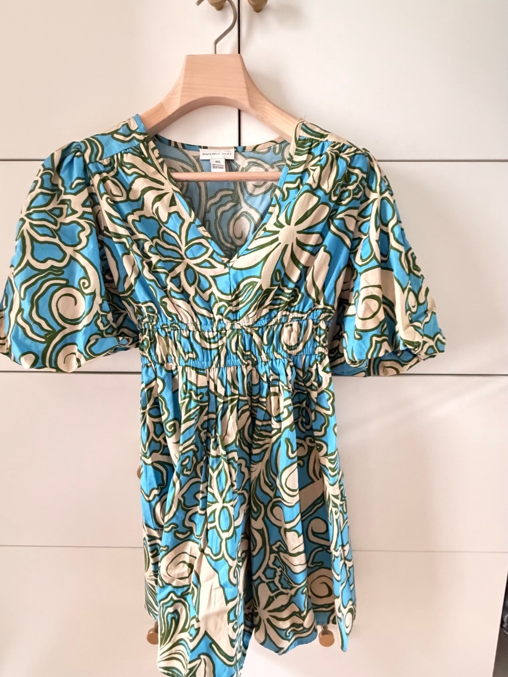 Sincerely Jules Mini Dress in Teal, Cream & Green Floral Print